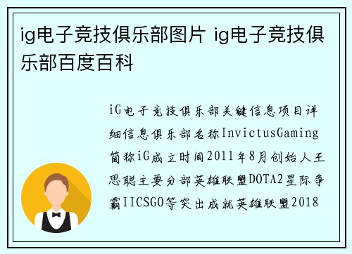 ig电子竞技俱乐部图片 ig电子竞技俱乐部百度百科